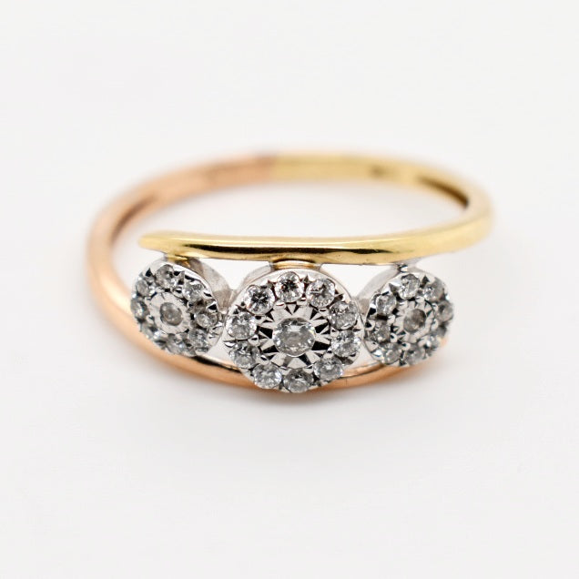 9ct Two Tone Three Round Cluster Diamond Engagement Ring