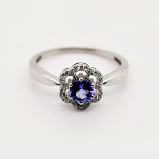 9ct White Gold Tanzanite Flower Diamond Ring