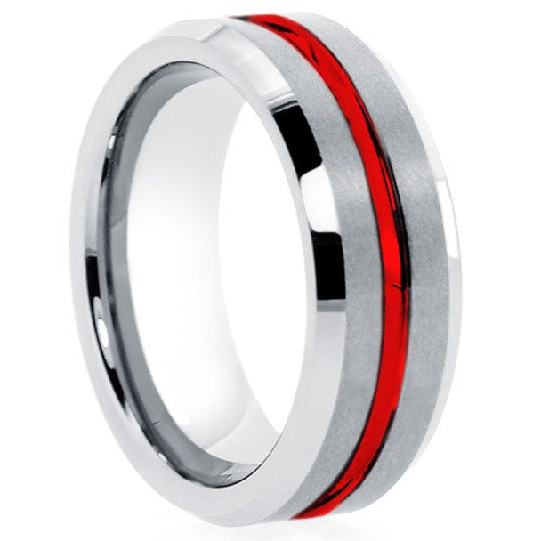 Tungsten Grey & Red Beveled Band