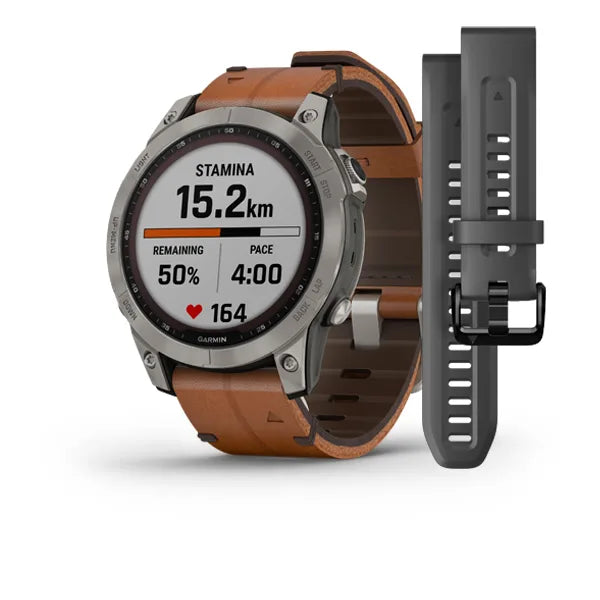 Garmin Fenix 7 Sapphire Solar Edition Titanium with Chestnut Leather Band.