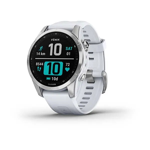 Garmin Fenix 7S Standard Edition Silver with Whitestone Band.