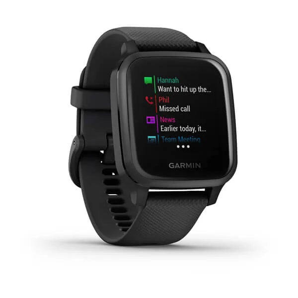 Garmin Venu Sq  Music Edition Slate Aluminium Bezel with Black Case and Silicone Band.