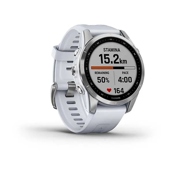 Garmin Fenix 7S Standard Edition Silver with Whitestone Band.