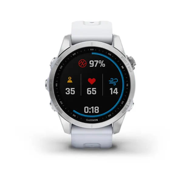 Garmin Fenix 7S Standard Edition Silver with Whitestone Band.