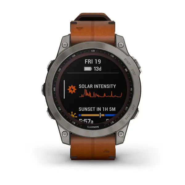 Garmin Fenix 7 Sapphire Solar Edition Titanium with Chestnut Leather Band.