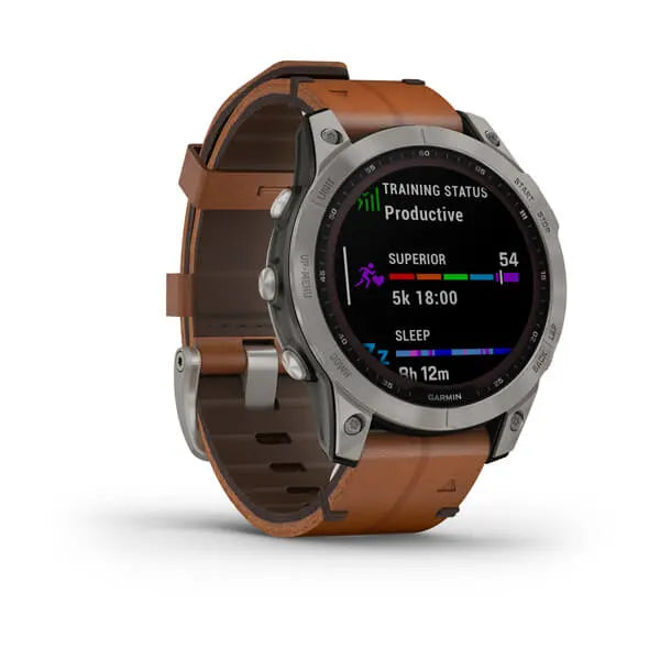 Garmin Fenix 7 Sapphire Solar Edition Titanium with Chestnut Leather Band.