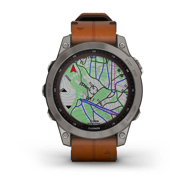 Garmin Fenix 7 Sapphire Solar Edition Titanium with Chestnut Leather Band.