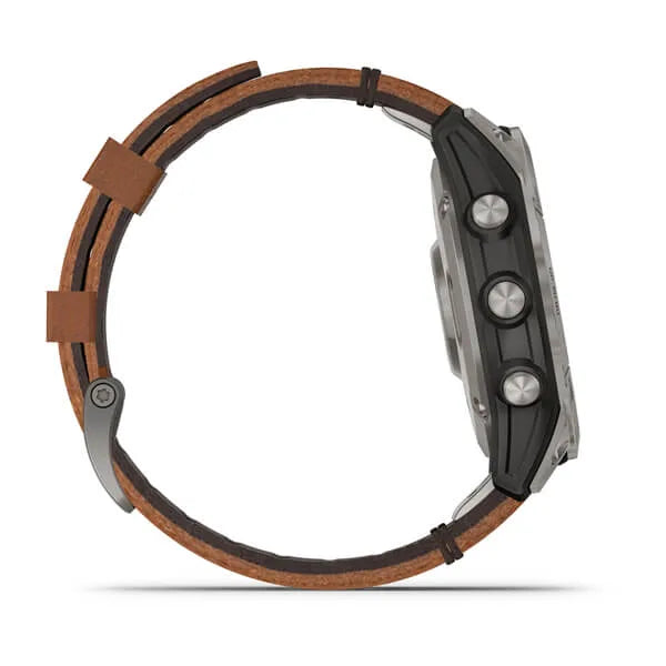 Garmin Fenix 7 Sapphire Solar Edition Titanium with Chestnut Leather Band.