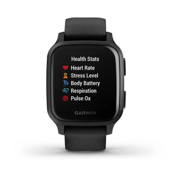 Garmin Venu Sq  Music Edition Slate Aluminium Bezel with Black Case and Silicone Band.