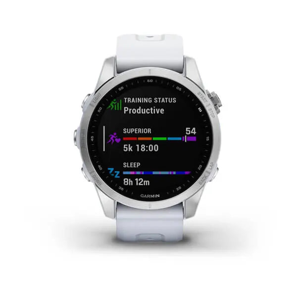 Garmin Fenix 7S Standard Edition Silver with Whitestone Band.