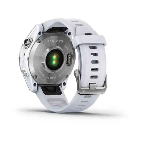 Garmin Fenix 7S Standard Edition Silver with Whitestone Band.