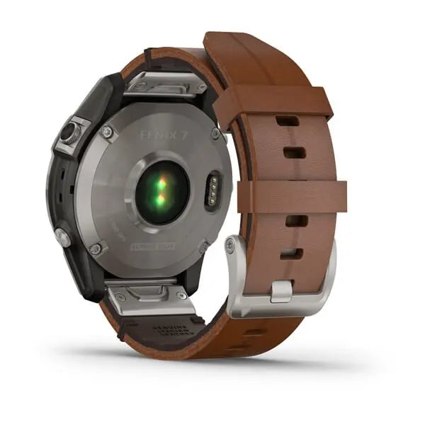 Garmin Fenix 7 Sapphire Solar Edition Titanium with Chestnut Leather Band.