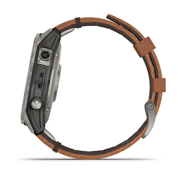 Garmin Fenix 7 Sapphire Solar Edition Titanium with Chestnut Leather Band.